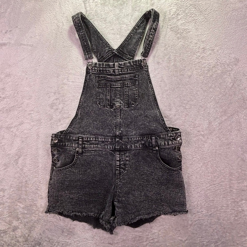 HT Denim Womens Shortall Size 1 Black Acid Wash Raw Hem Skull Detail Overall XL - Picture 5 of 9